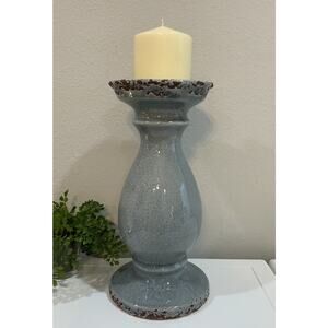 Vtg Large Ceramic Distressed Crackle Gray Grey Blue Brown Pillar Candle Holder